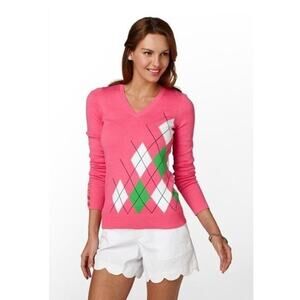 Vintage Lilly Pulitzer Large Argyle Sweater Academia Preppy Tennis White Green